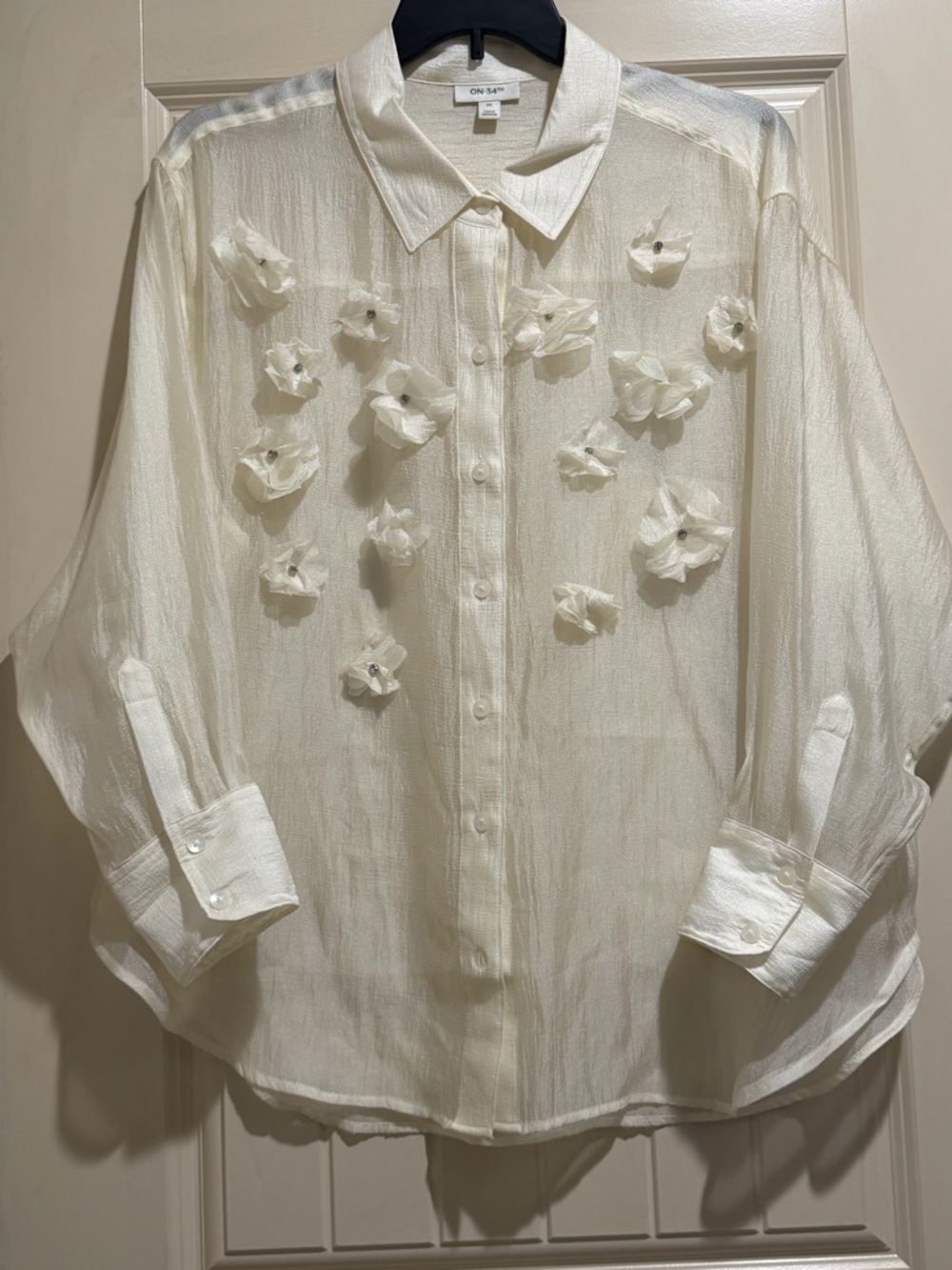 On-Sai Ivory Floral Appliqué Button-Up Blouse